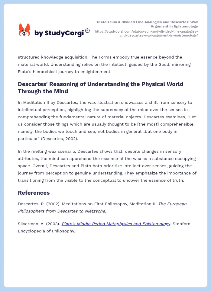 Plato’s Sun & Divided Line Analogies and Descartes’ Wax Argument in Epistemology. Page 2