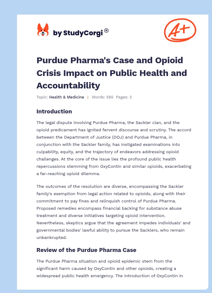Purdue Pharma's Case and Opioid Crisis Impact on Public Health and Accountability. Page 1