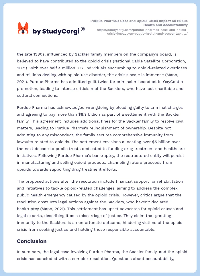 Purdue Pharma's Case and Opioid Crisis Impact on Public Health and Accountability. Page 2