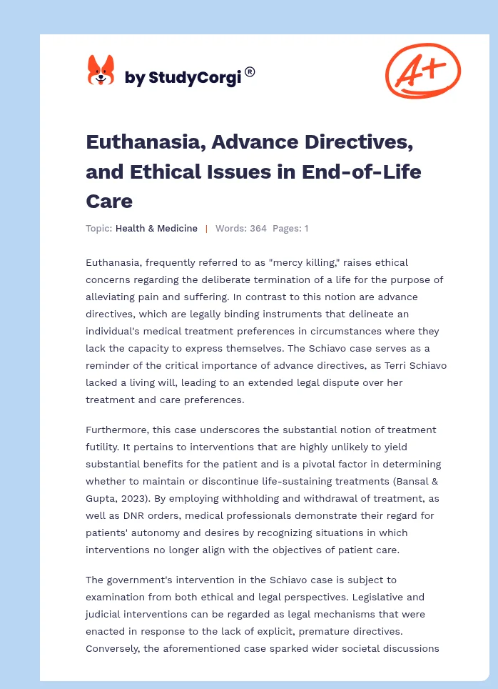 Euthanasia, Advance Directives, and Ethical Issues in End-of-Life Care. Page 1