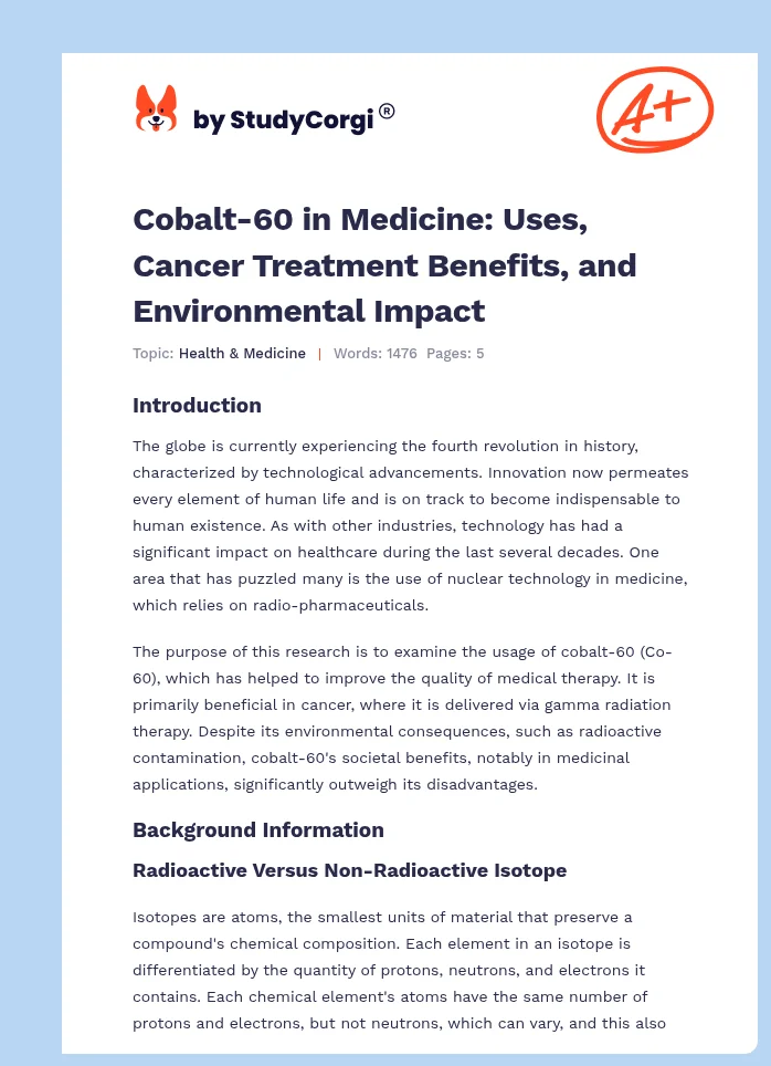 Cobalt-60 in Medicine: Uses, Cancer Treatment Benefits, and Environmental Impact. Page 1