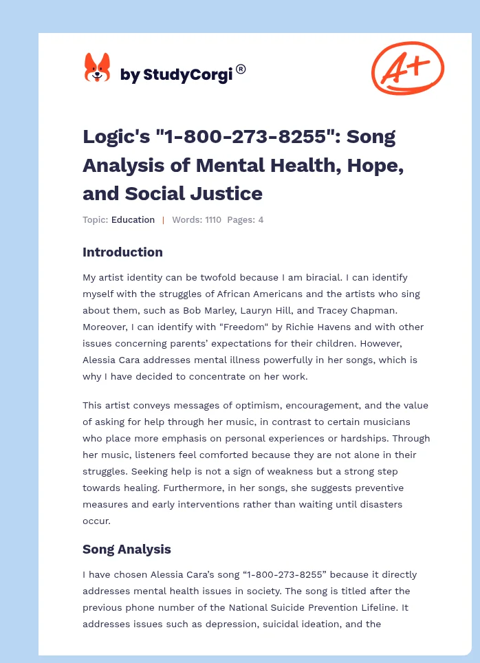 Logic's "1-800-273-8255": Song Analysis of Mental Health, Hope, and Social Justice. Page 1