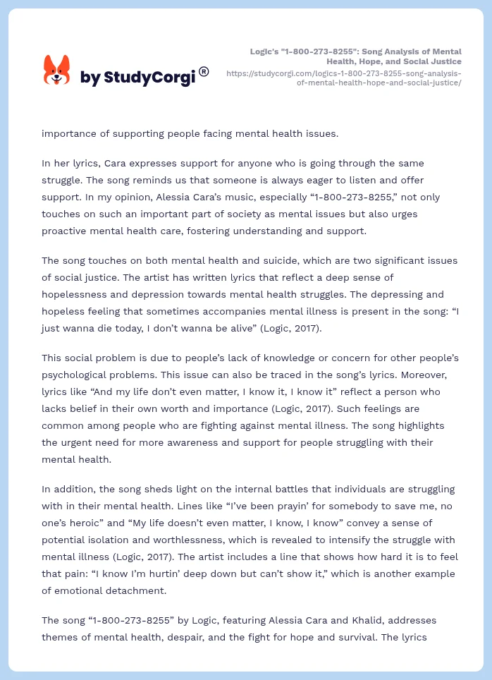 Logic's "1-800-273-8255": Song Analysis of Mental Health, Hope, and Social Justice. Page 2