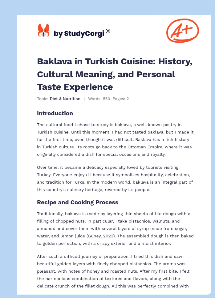 Baklava in Turkish Cuisine: History, Cultural Meaning, and Personal Taste Experience. Page 1
