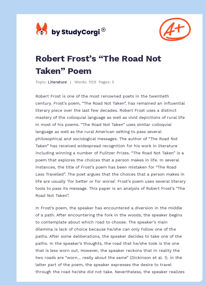 Robert Frost’s “The Road Not Taken” Poem. Page 1