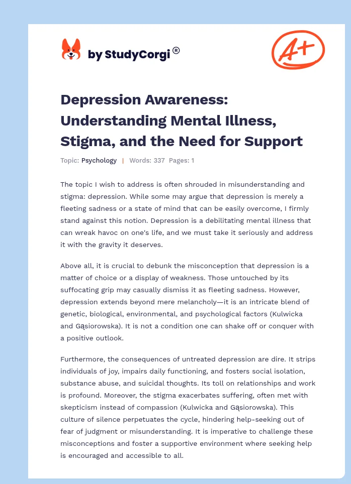 Depression Awareness: Understanding Mental Illness, Stigma, and the Need for Support. Page 1