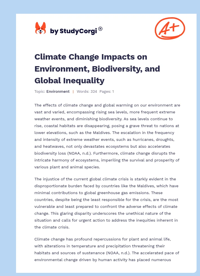 Climate Change Impacts on Environment, Biodiversity, and Global Inequality. Page 1