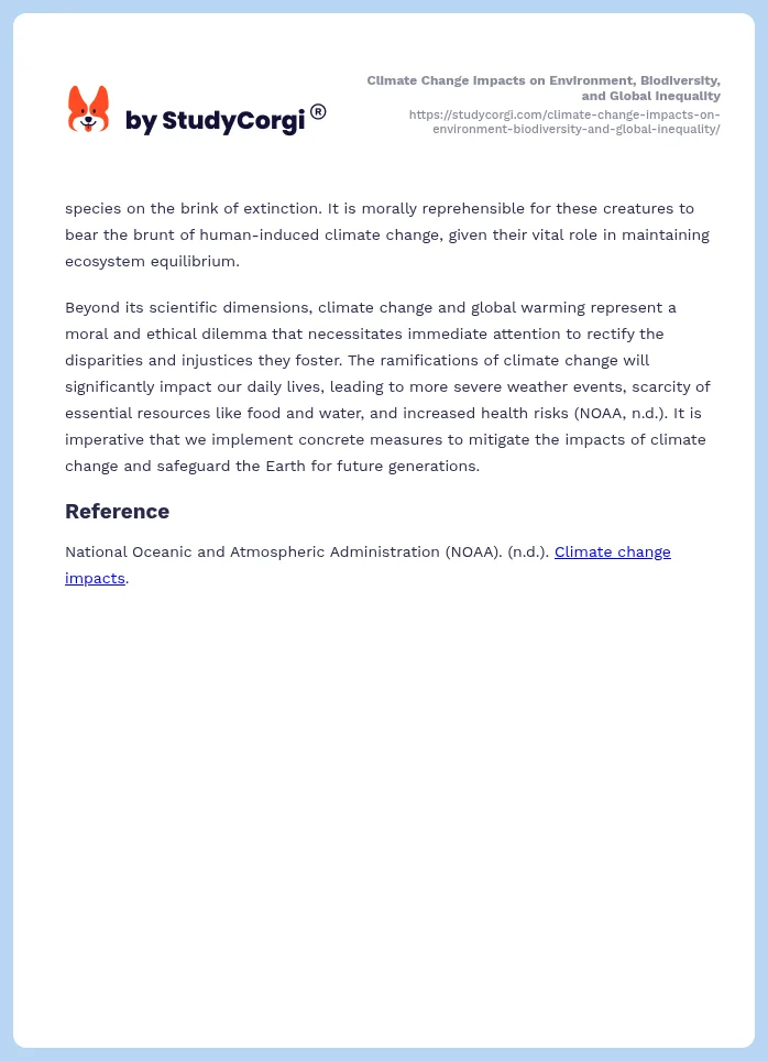 Climate Change Impacts on Environment, Biodiversity, and Global Inequality. Page 2