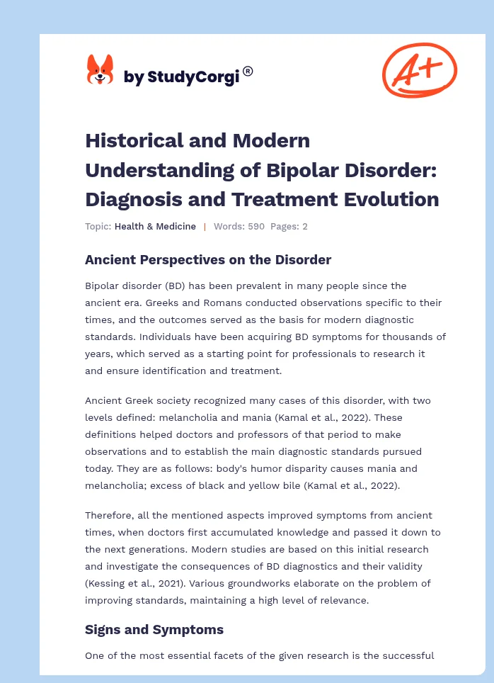 Historical and Modern Understanding of Bipolar Disorder: Diagnosis and Treatment Evolution. Page 1