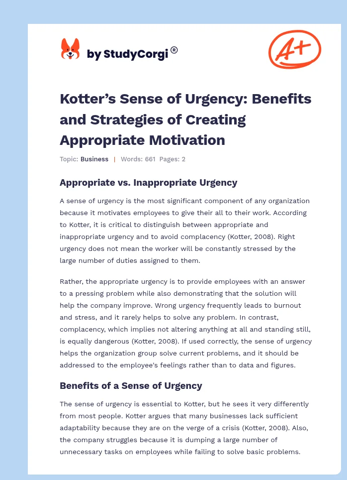 Kotter’s Sense of Urgency: Benefits and Strategies of Creating Appropriate Motivation. Page 1