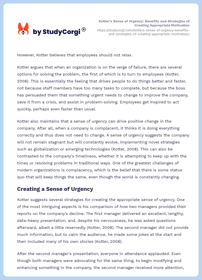 Kotter’s Sense of Urgency: Benefits and Strategies of Creating Appropriate Motivation. Page 2