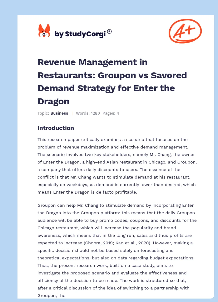 Revenue Management in Restaurants: Groupon vs Savored Demand Strategy for Enter the Dragon. Page 1