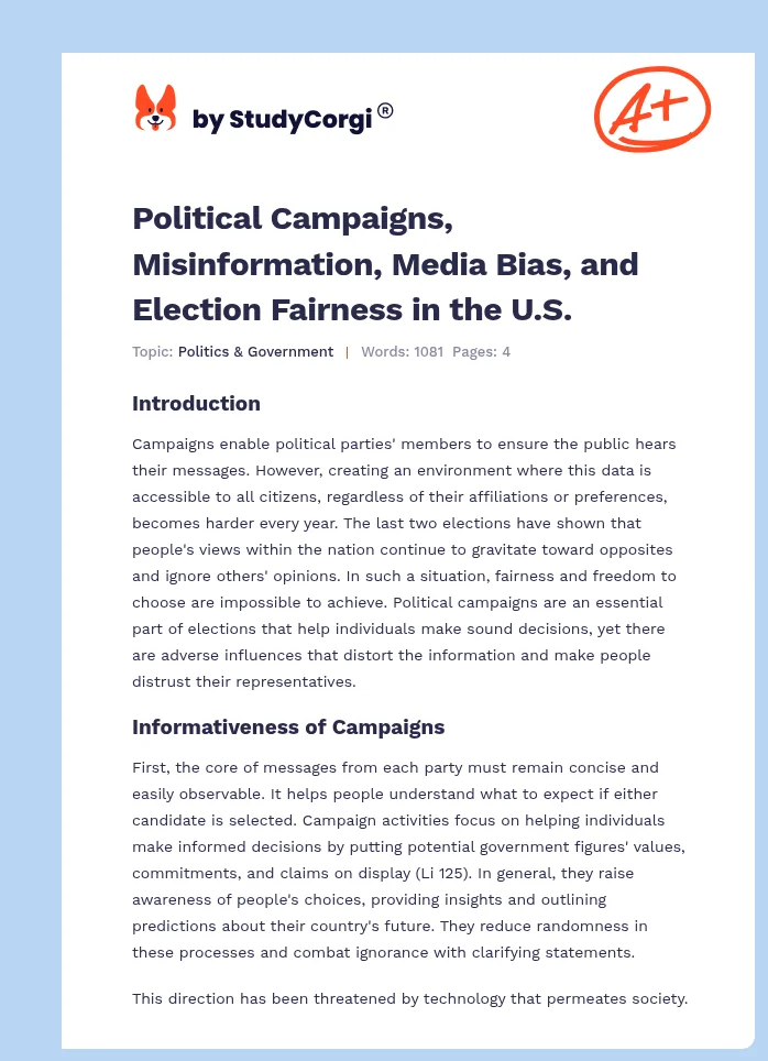 Political Campaigns, Misinformation, Media Bias, and Election Fairness in the U.S.. Page 1