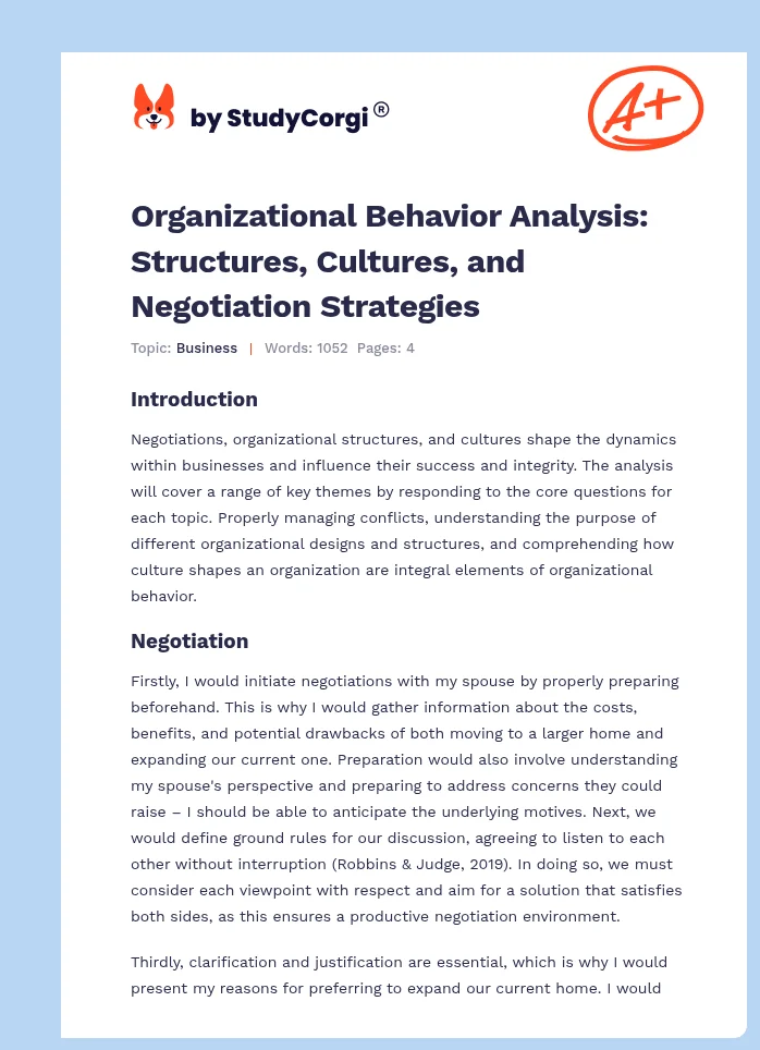Organizational Behavior Analysis: Structures, Cultures, and Negotiation Strategies. Page 1
