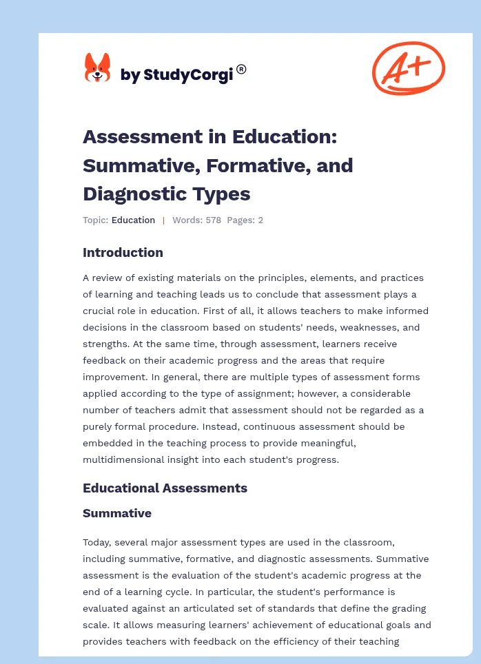 Assessment in Education: Summative, Formative, and Diagnostic Types. Page 1