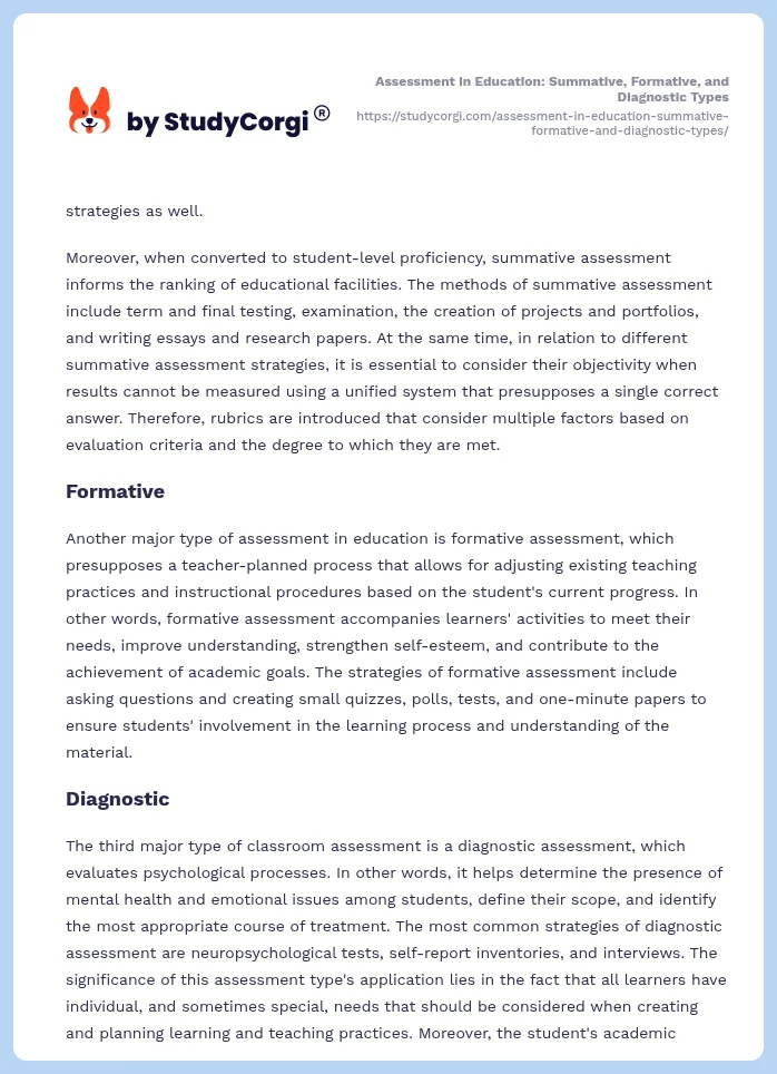 Assessment in Education: Summative, Formative, and Diagnostic Types. Page 2