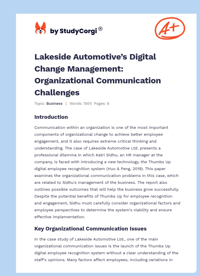 Lakeside Automotive’s Digital Change Management: Organizational Communication Challenges. Page 1