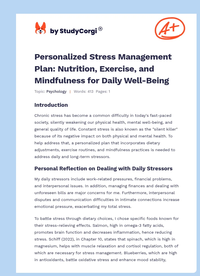 Personalized Stress Management Plan: Nutrition, Exercise, and Mindfulness for Daily Well-Being. Page 1
