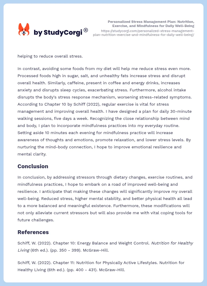 Personalized Stress Management Plan: Nutrition, Exercise, and Mindfulness for Daily Well-Being. Page 2