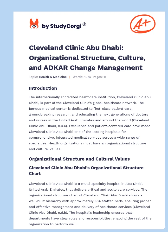 Cleveland Clinic Abu Dhabi: Organizational Structure, Culture, and ADKAR Change Management. Page 1