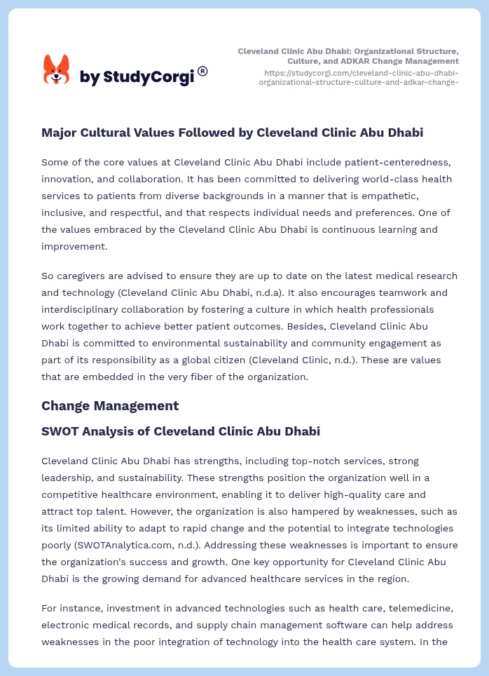 Cleveland Clinic Abu Dhabi: Organizational Structure, Culture, and ADKAR Change Management. Page 2