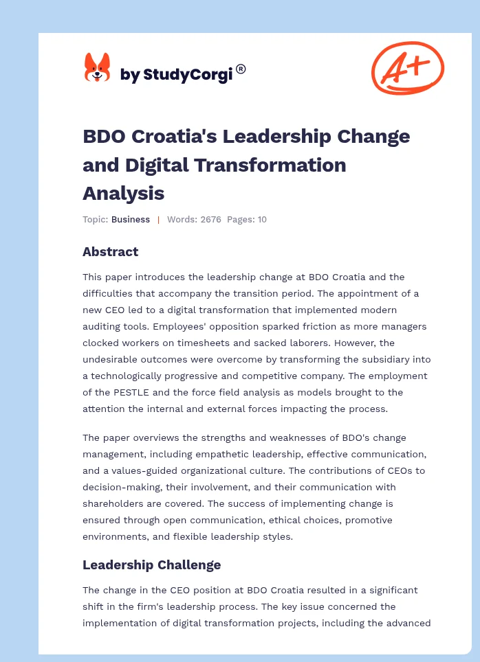 BDO Croatia's Leadership Change and Digital Transformation Analysis. Page 1