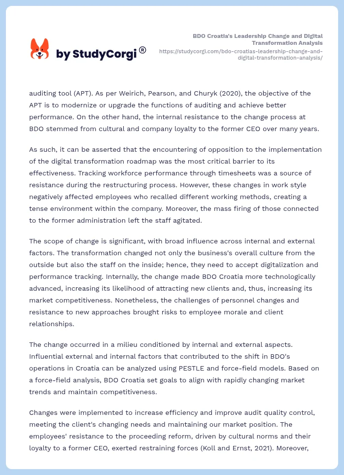 BDO Croatia's Leadership Change and Digital Transformation Analysis. Page 2