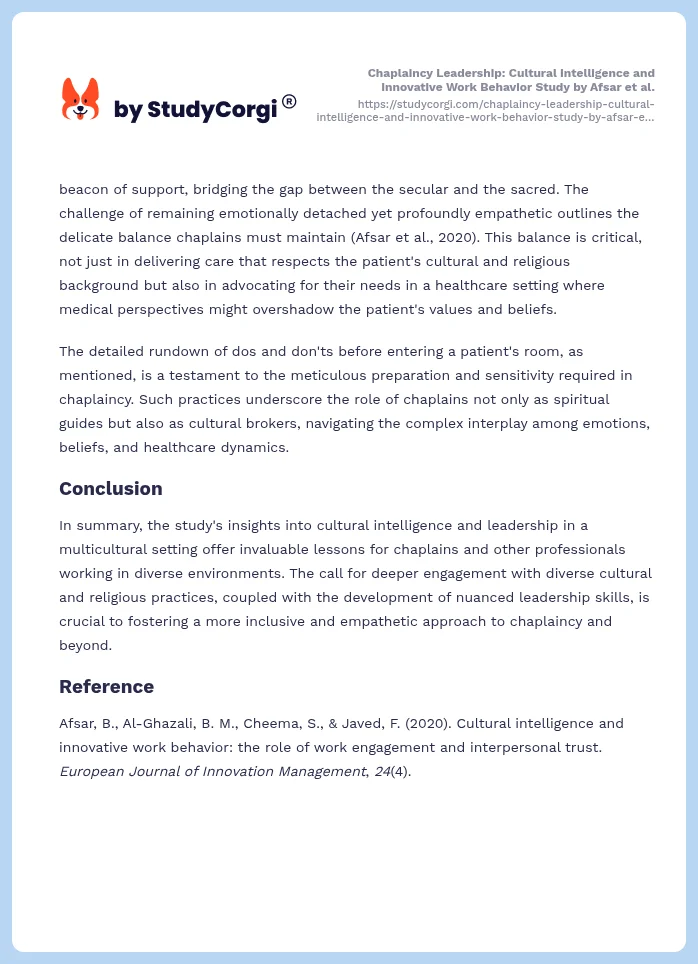 Chaplaincy Leadership: Cultural Intelligence and Innovative Work Behavior Study by Afsar et al.. Page 2