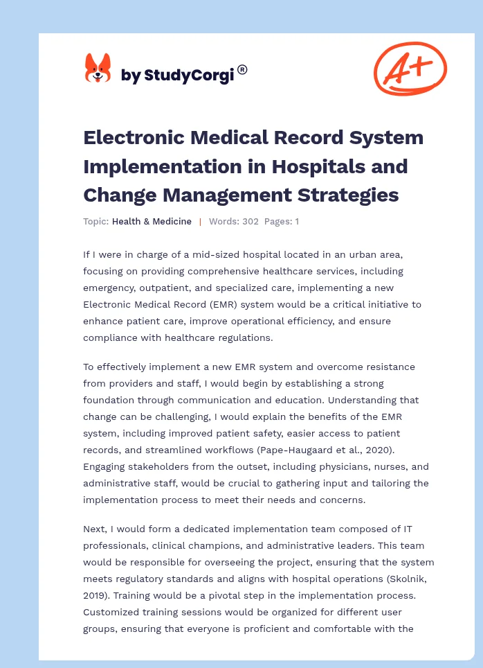 Electronic Medical Record System Implementation in Hospitals and Change Management Strategies. Page 1
