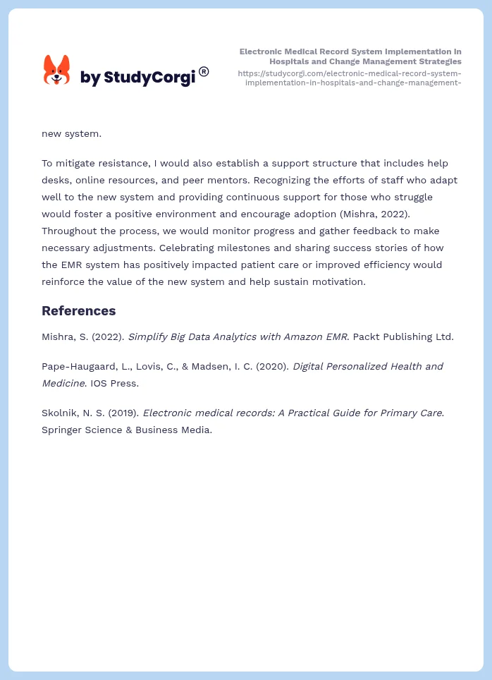Electronic Medical Record System Implementation in Hospitals and Change Management Strategies. Page 2