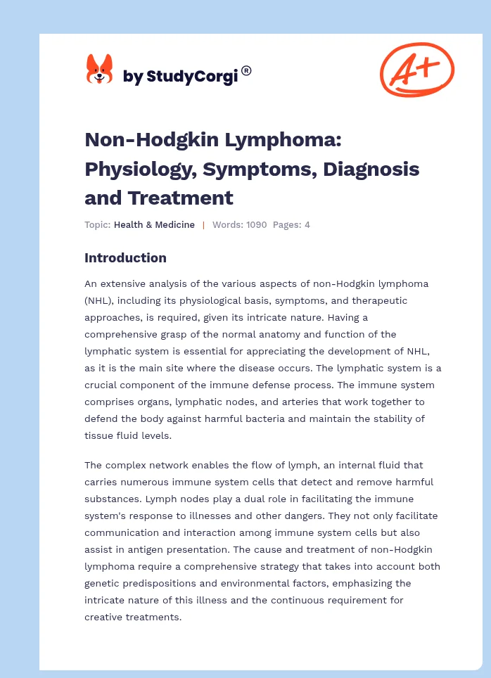 Non-Hodgkin Lymphoma: Physiology, Symptoms, Diagnosis and Treatment. Page 1