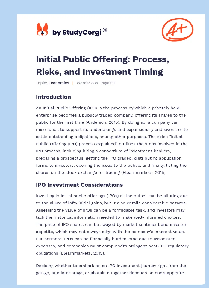 Initial Public Offering: Process, Risks, and Investment Timing. Page 1