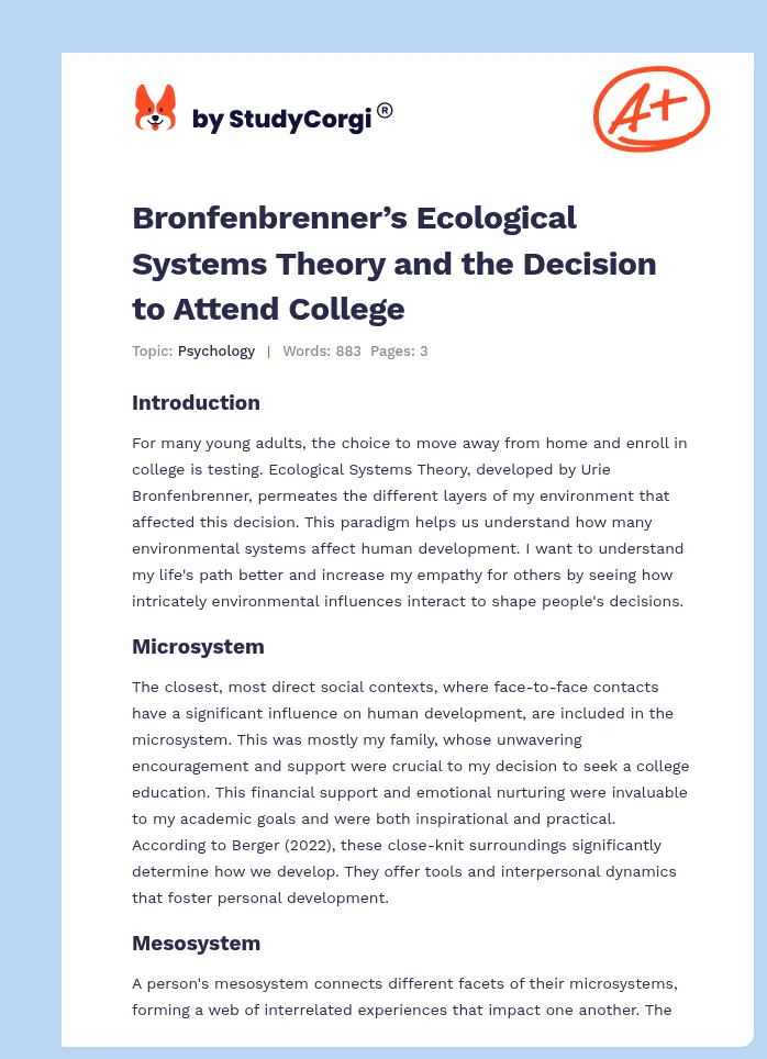 Bronfenbrenner’s Ecological Systems Theory and the Decision to Attend College. Page 1