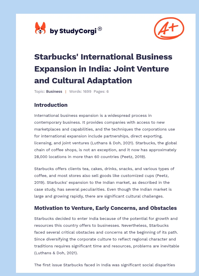 Starbucks' International Business Expansion in India: Joint Venture and Cultural Adaptation. Page 1