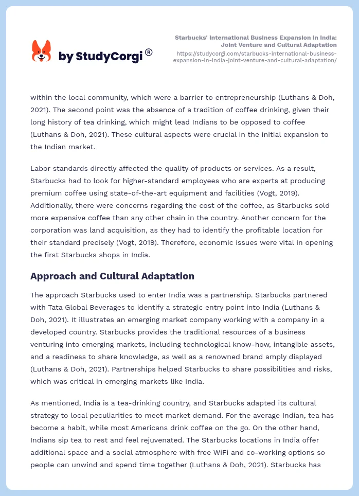 Starbucks' International Business Expansion in India: Joint Venture and Cultural Adaptation. Page 2