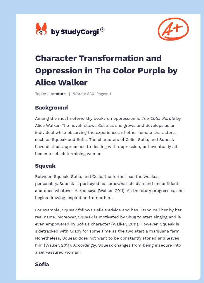 Character Transformation and Oppression in The Color Purple by Alice Walker. Page 1