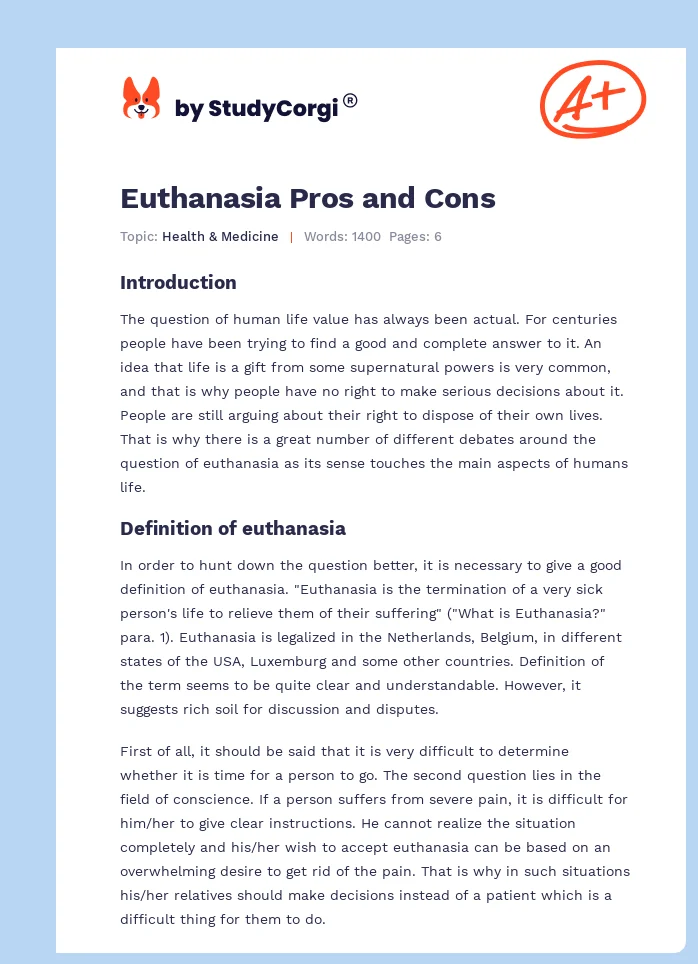 Euthanasia Pros and Cons. Page 1
