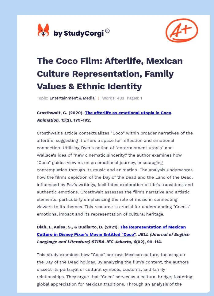 The Coco Film: Afterlife, Mexican Culture Representation, Family Values & Ethnic Identity. Page 1