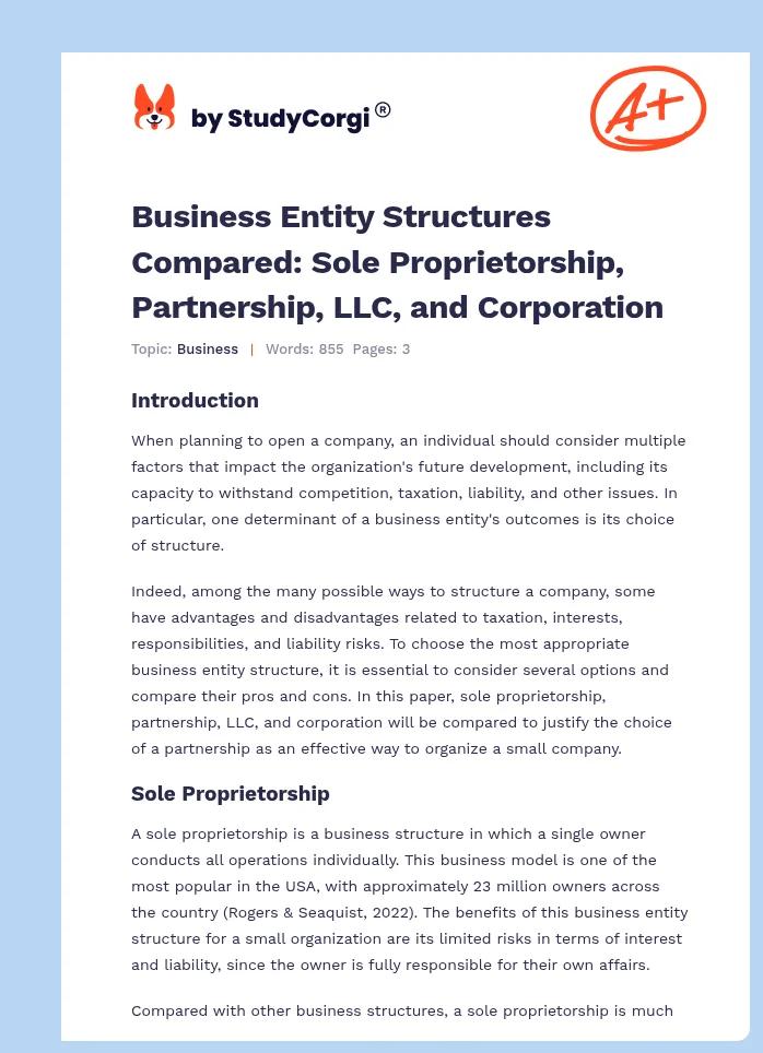 Business Entity Structures Compared: Sole Proprietorship, Partnership, LLC, and Corporation. Page 1
