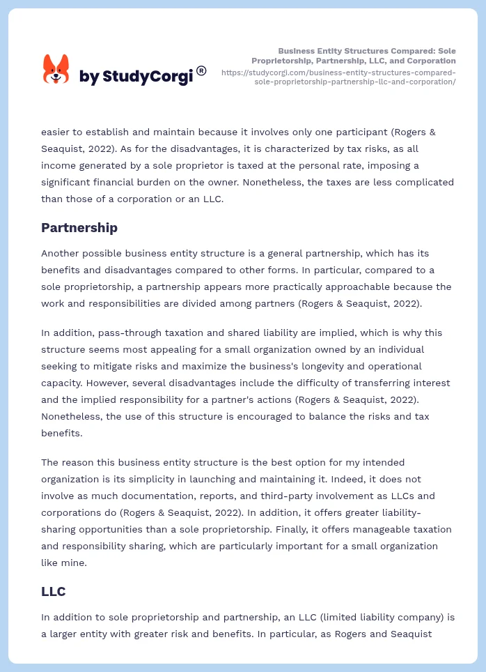 Business Entity Structures Compared: Sole Proprietorship, Partnership, LLC, and Corporation. Page 2