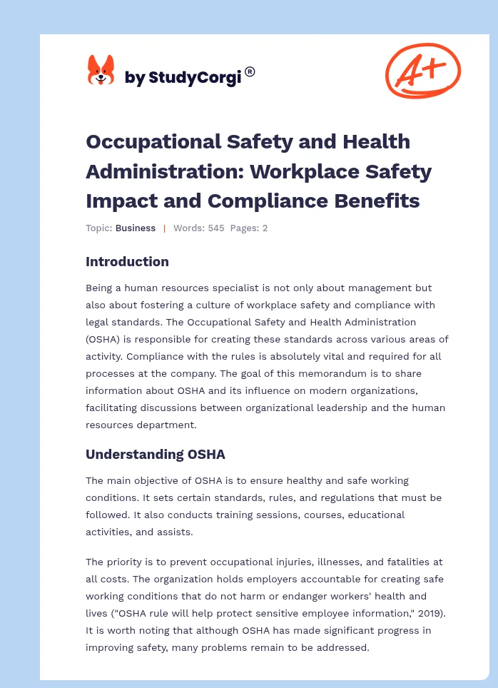 Occupational Safety and Health Administration: Workplace Safety Impact and Compliance Benefits. Page 1
