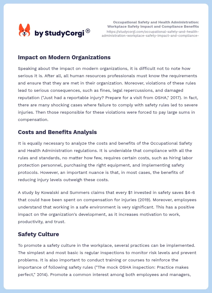 Occupational Safety and Health Administration: Workplace Safety Impact and Compliance Benefits. Page 2