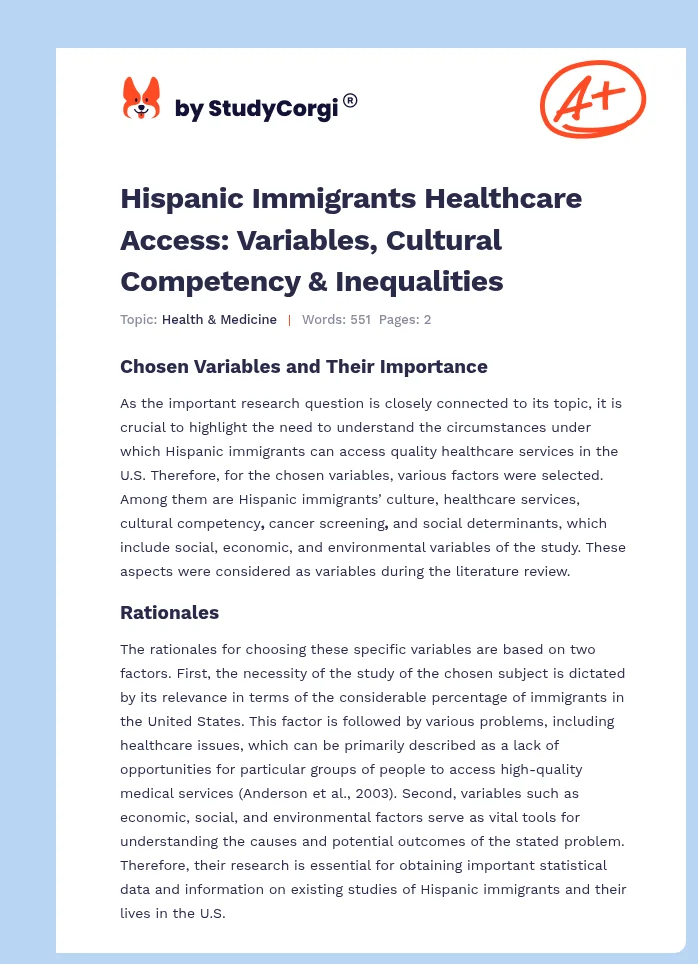 Hispanic Immigrants Healthcare Access: Variables, Cultural Competency & Inequalities. Page 1