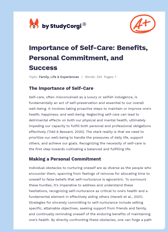 Importance of Self-Care: Benefits, Personal Commitment, and Success. Page 1