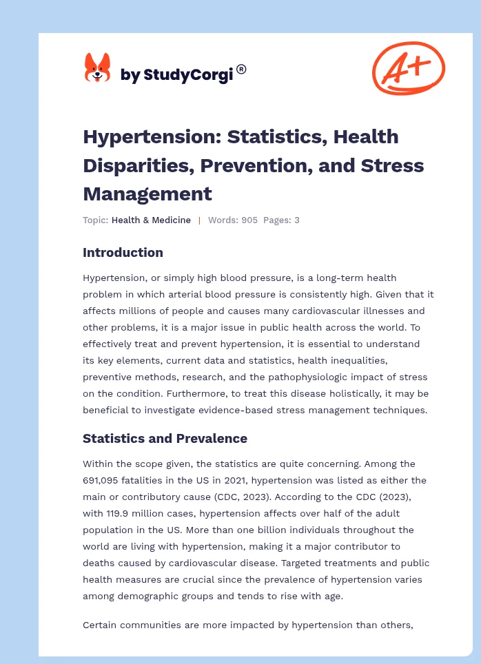 Hypertension: Statistics, Health Disparities, Prevention, and Stress Management. Page 1