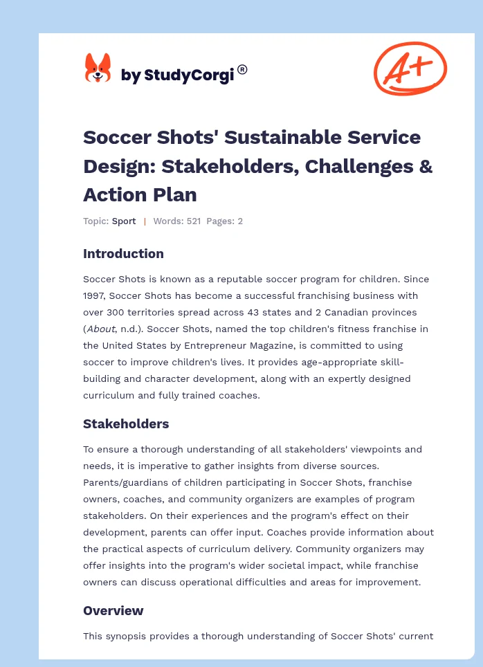 Soccer Shots' Sustainable Service Design: Stakeholders, Challenges & Action Plan. Page 1