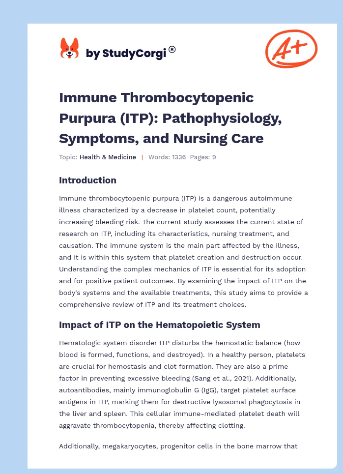 Immune Thrombocytopenic Purpura (ITP): Pathophysiology, Symptoms, and Nursing Care. Page 1
