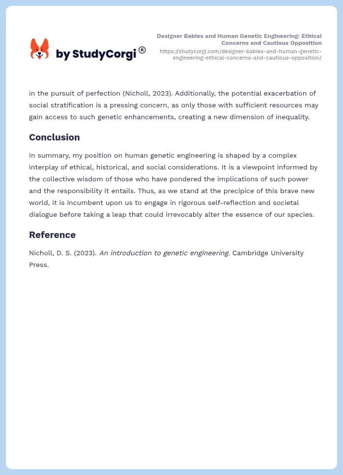 Designer Babies and Human Genetic Engineering: Ethical Concerns and Cautious Opposition. Page 2