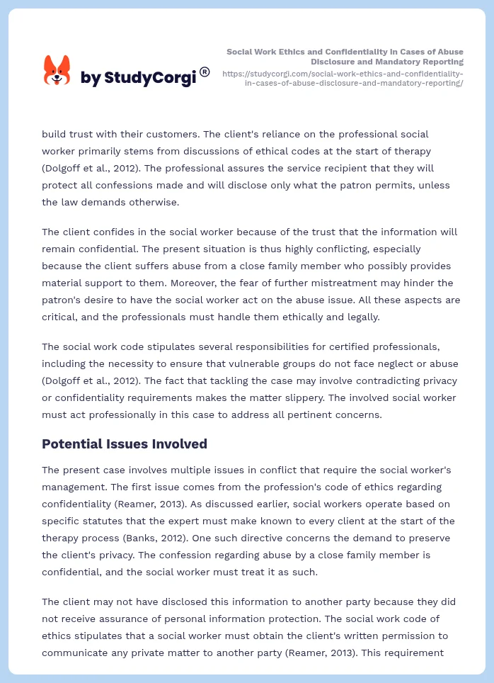 Social Work Ethics and Confidentiality in Cases of Abuse Disclosure and Mandatory Reporting. Page 2