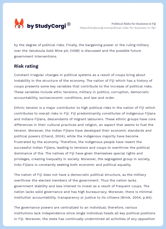 Political Risks for Business in Fiji. Page 2